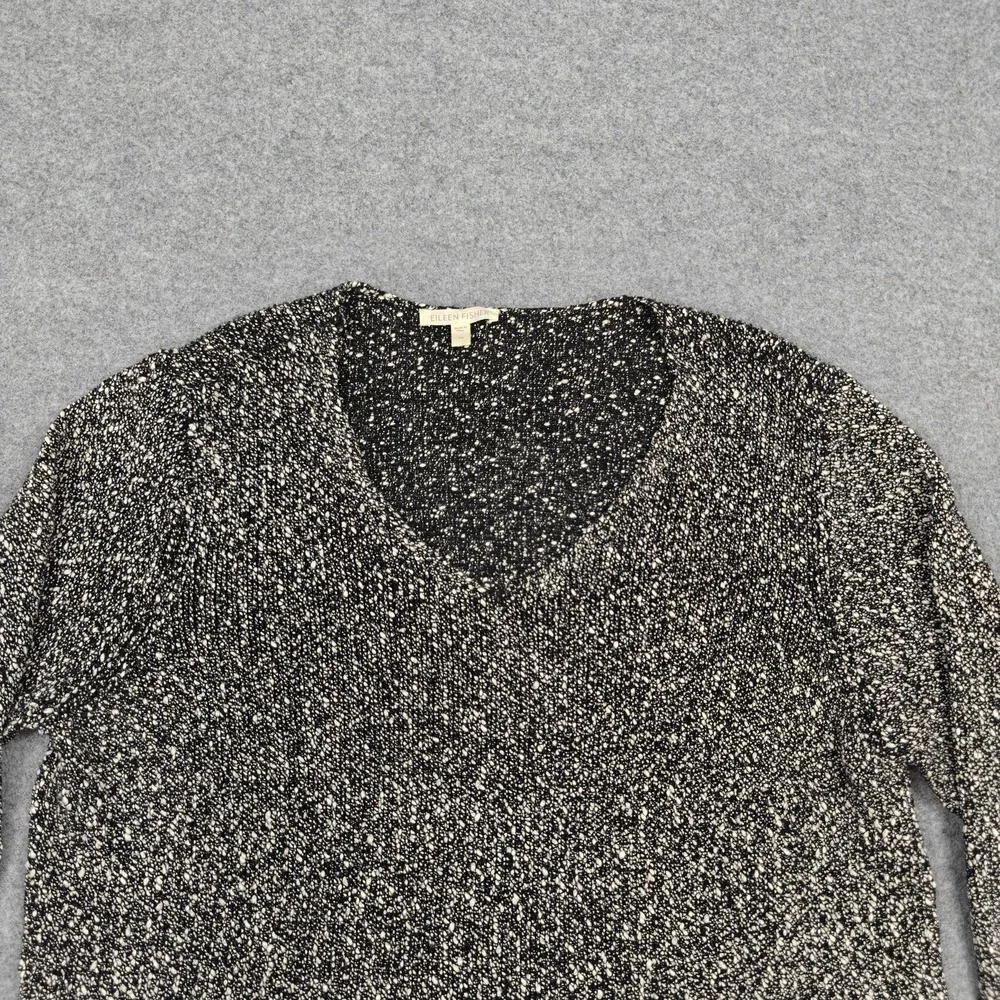Eileen Fisher Sweater Womens Medium Black White 100% Cotton‎ V Neck Open Knit